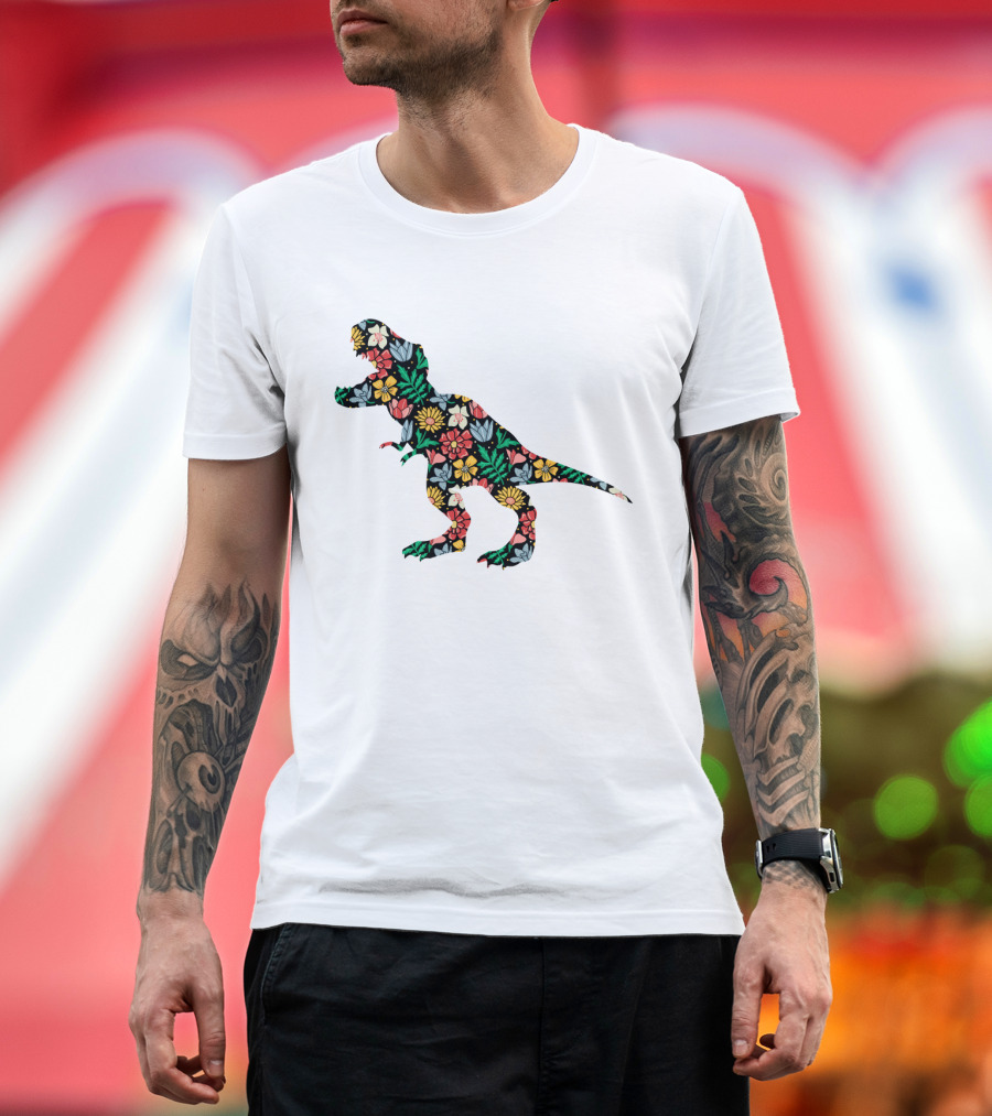 Floral Dinosaur Silhouette with Colorful Flowers T-Shirt