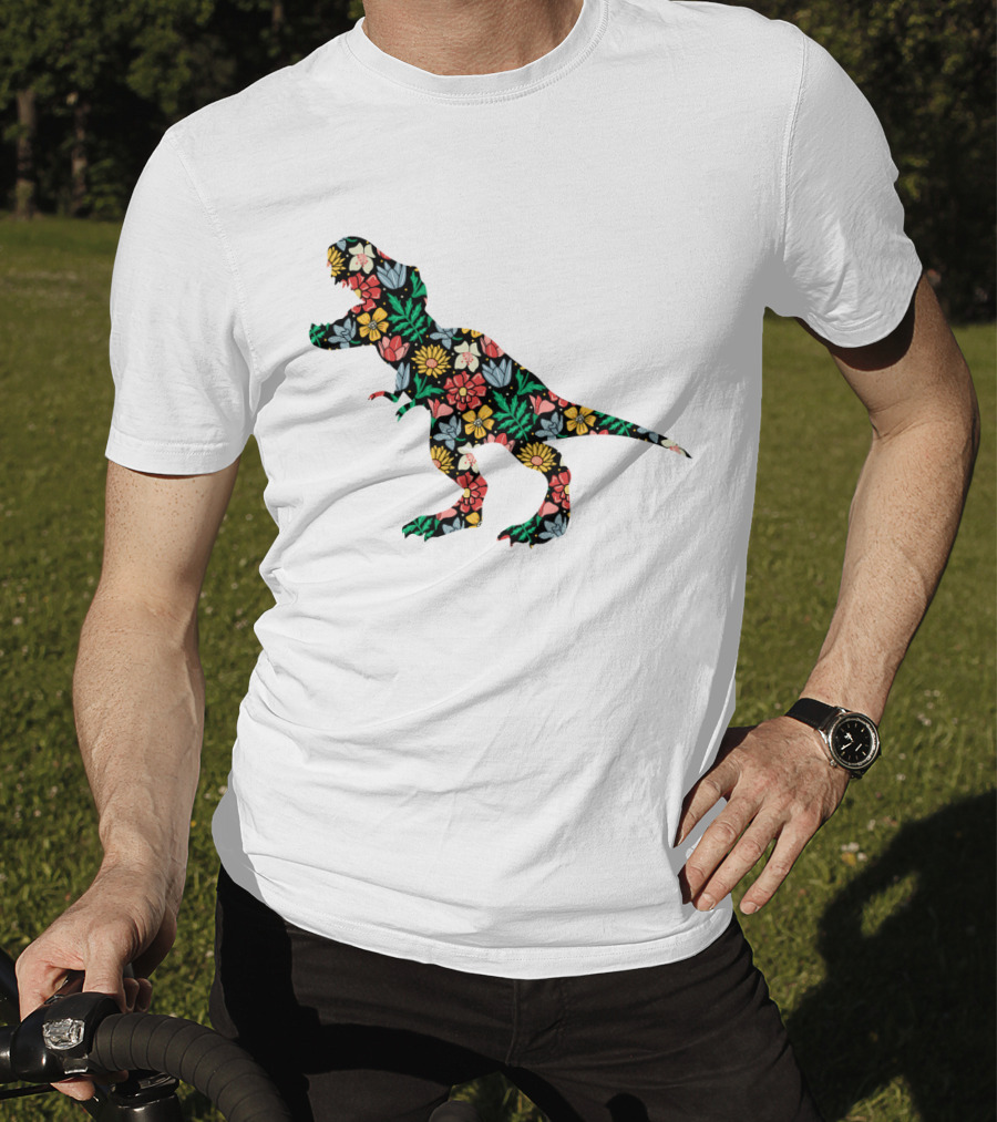Floral Dinosaur Silhouette With Colorful Flowers T-Shirt