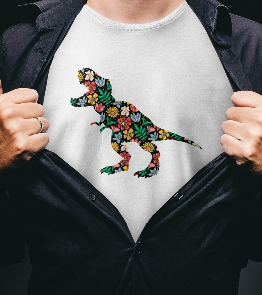 Floral Dinosaur Silhouette With Colorful Flowers T-Shirt