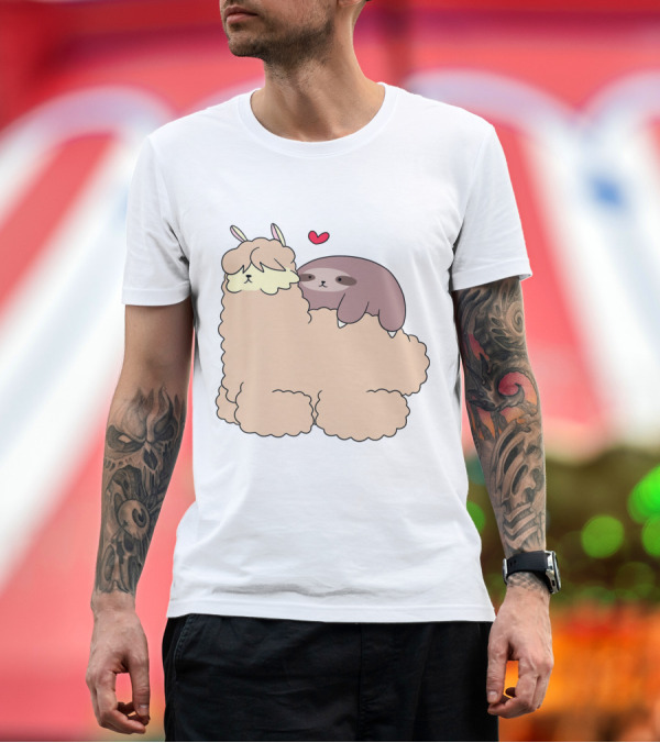 Premium T-Shirt: Sloth Loves Alpaca Heartwarming Cuddle Embrace with Cute Llama Vibes T-Shirt Sloth Loves Alpaca Heartwarming Cuddle Embrace with Cute Llama Vibes T-Shirt