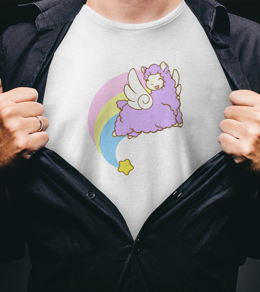 Flying Alpacasus: Winged Purple Alpaca With Rainbow And Star Trail T-Shirt