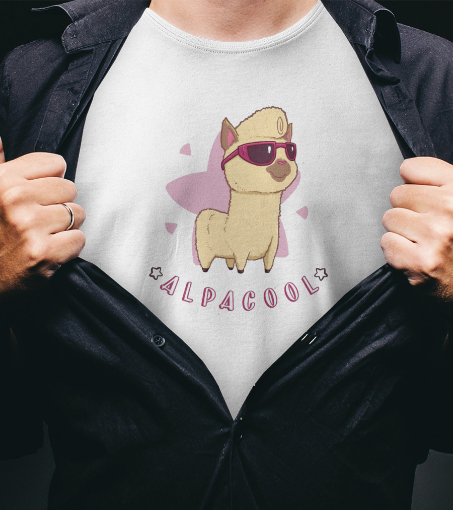 Alpacool Sunglasses-Wearing Alpaca With Pink Heart Background T-Shirt
