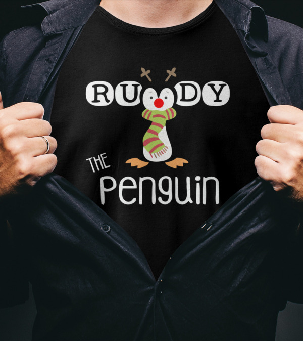 Rudy The Penguin With Antlers And Scarf Holiday T-Shirt