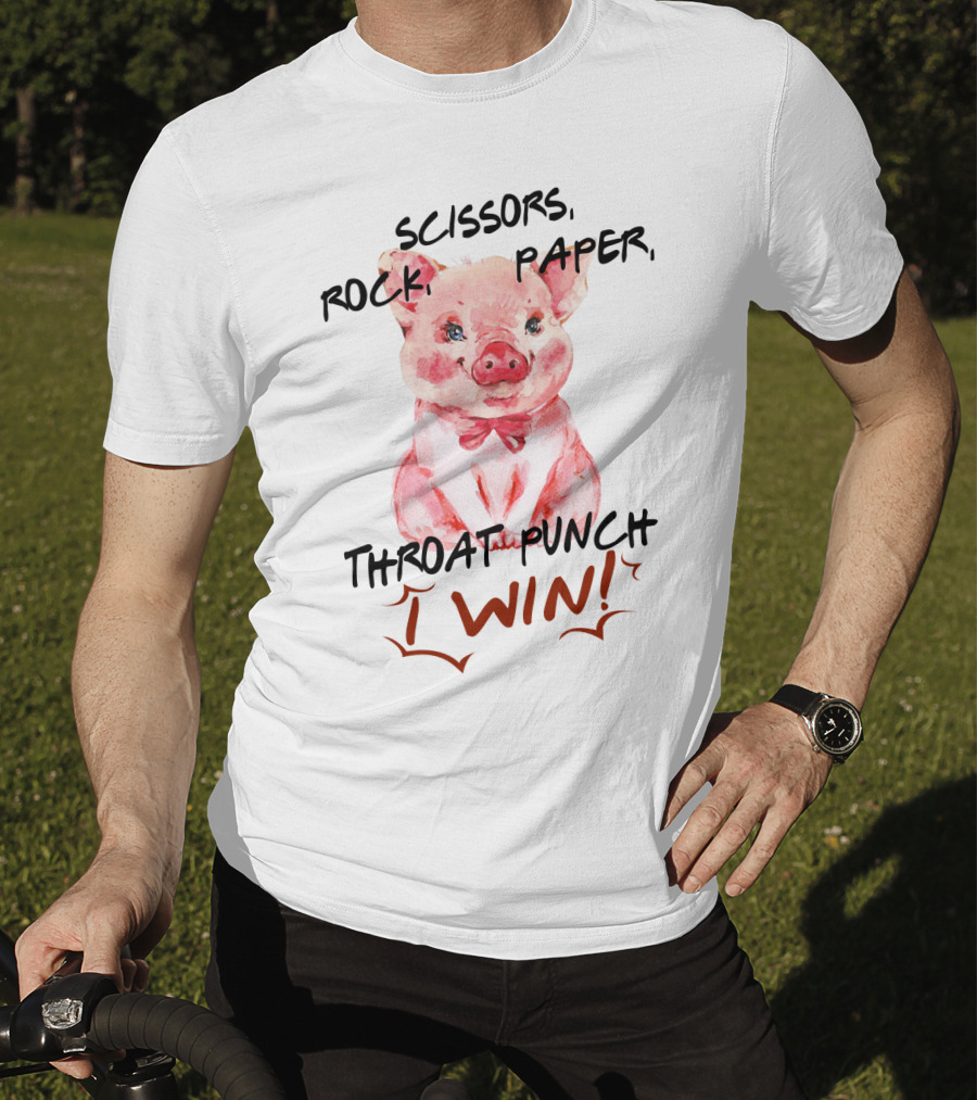 Scissors Rock Paper Throat Punch I Win Cute Pig Watercolor T-Shirt