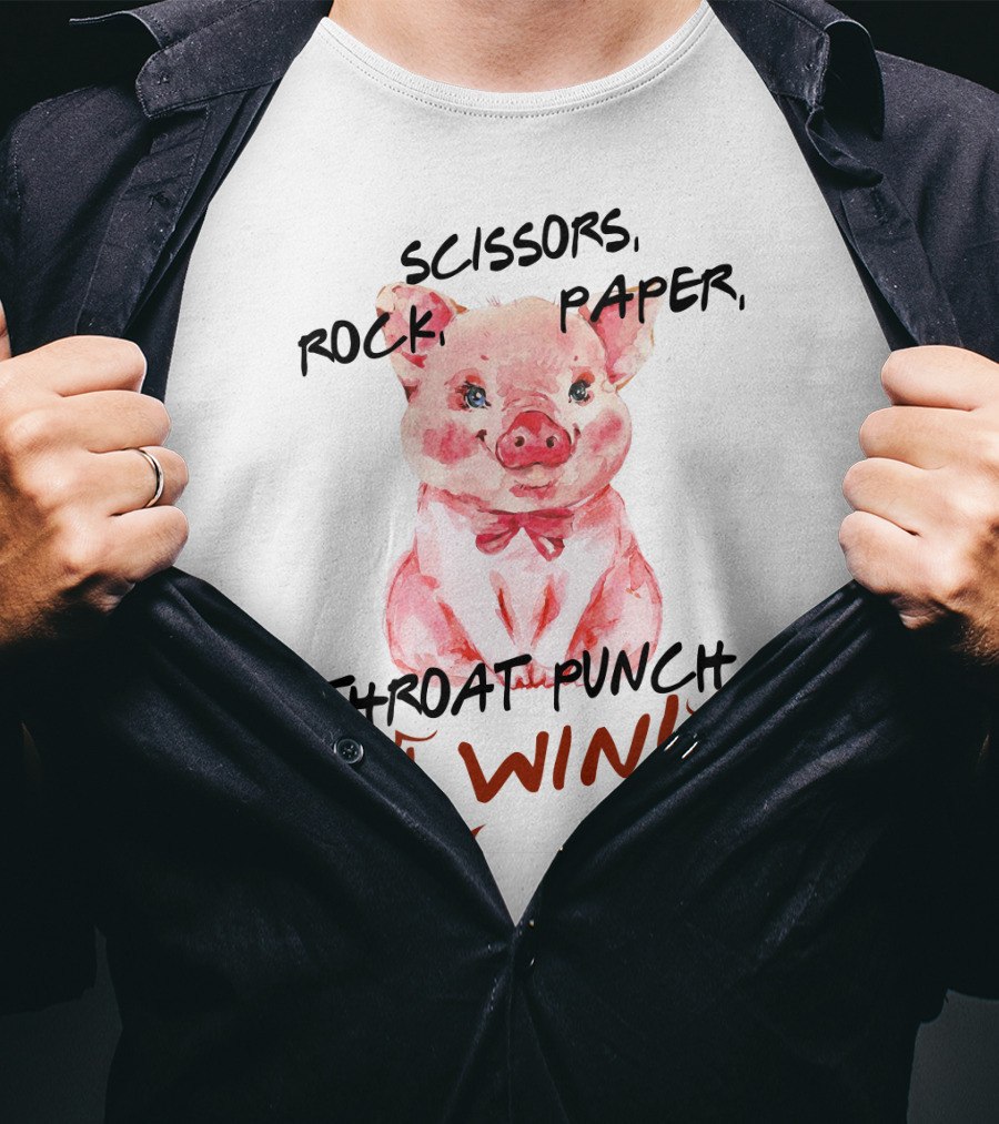Scissors Rock Paper Throat Punch I Win Cute Pig Watercolor T-Shirt
