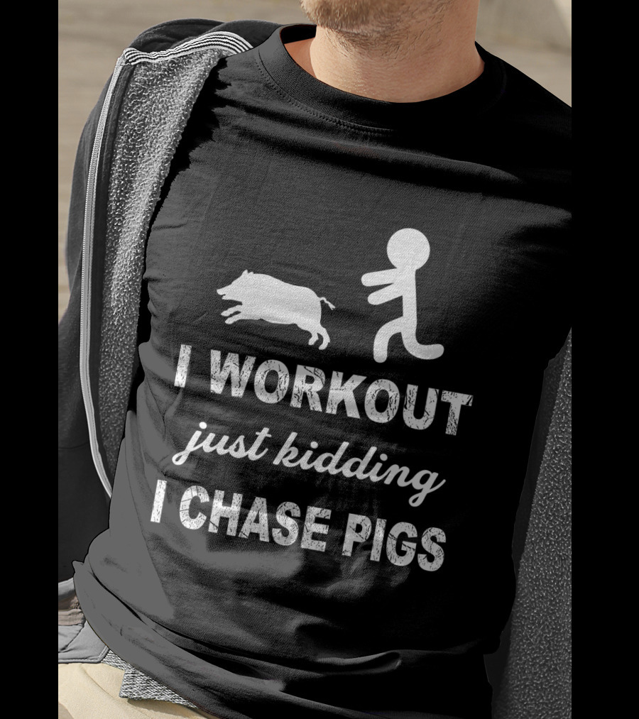 Workout Humor With Stick Figure And Pig Chase Adventure T-Shirt