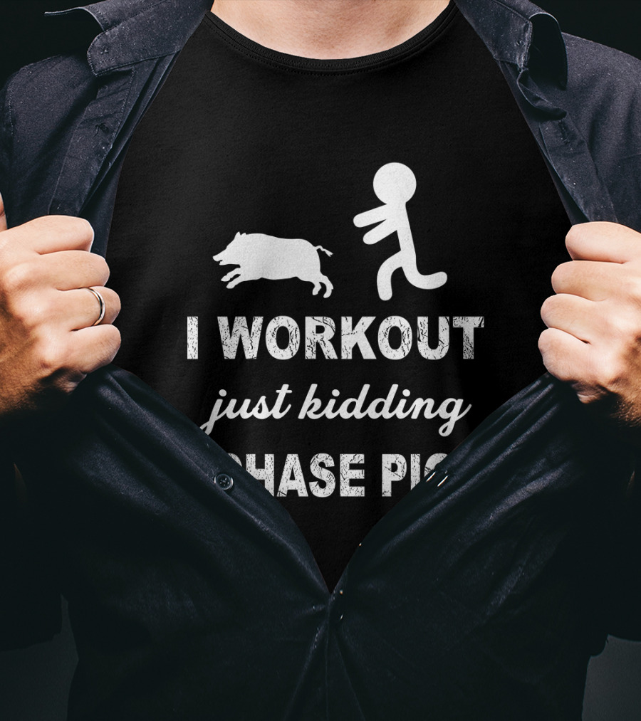 Workout Humor With Stick Figure And Pig Chase Adventure T-Shirt