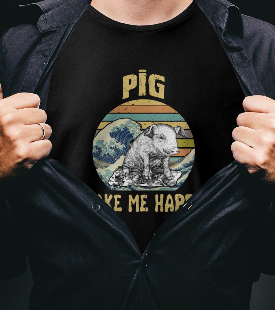 Pig Make Me Happy Retro Wave T-Shirt