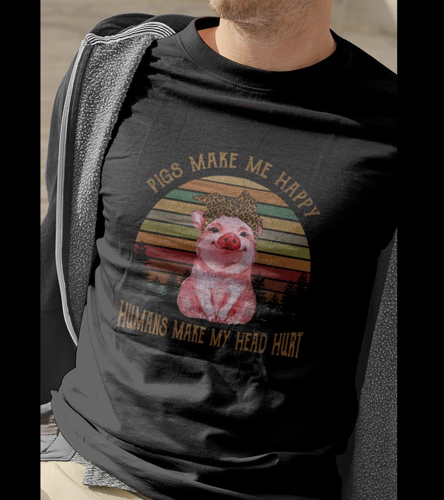 Pigs Make Me Happy Humans Make My Head Hurt Retro Pig With Leopard Print Bow T-Shirt
