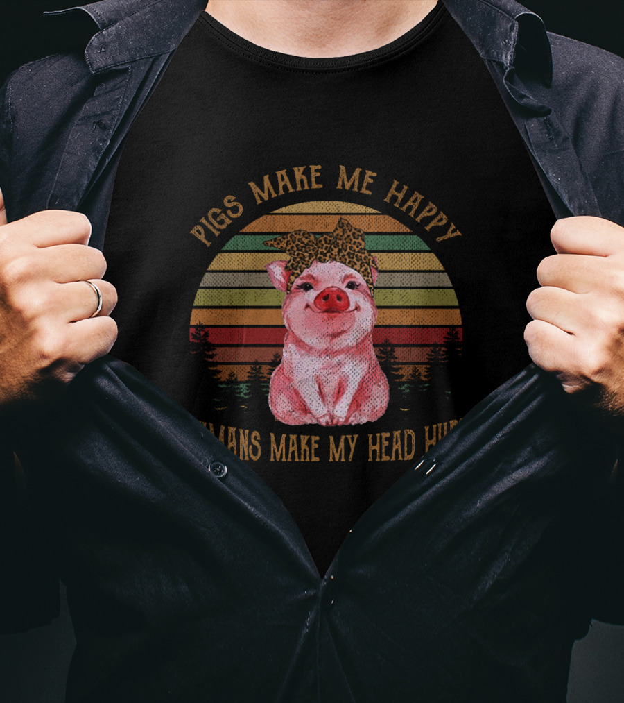 Pigs Make Me Happy Humans Make My Head Hurt Retro Pig With Leopard Print Bow T-Shirt