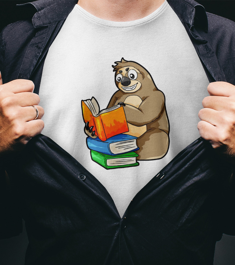 Sloth Enjoying A Stack Of Colorful Books For Literacy And Knowledge Study T-Shirt
