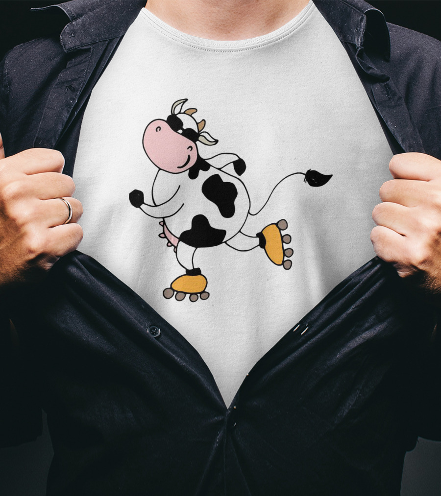 Funny Cow On Rollers Skates Joyful Cartoon T-Shirt