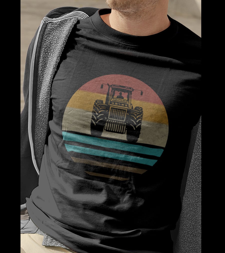 Retro Tractor Farming With Vintage Stripe T-Shirt
