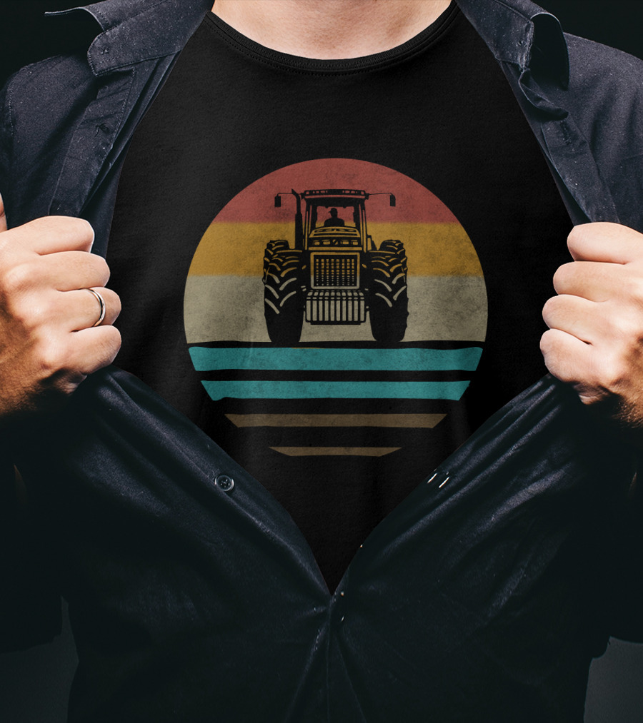 Retro Tractor Farming With Vintage Stripe T-Shirt