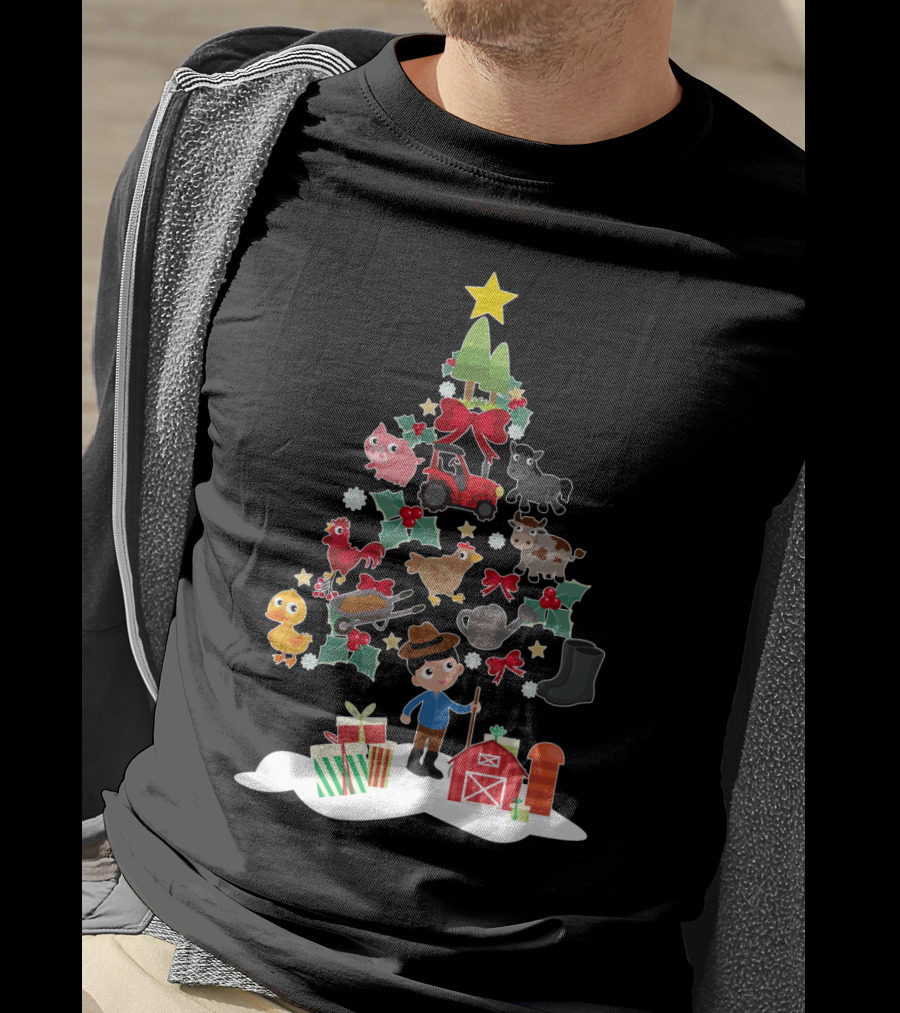 Farmer Christmas Tree With Farm Animals And Tractor T-Shirt