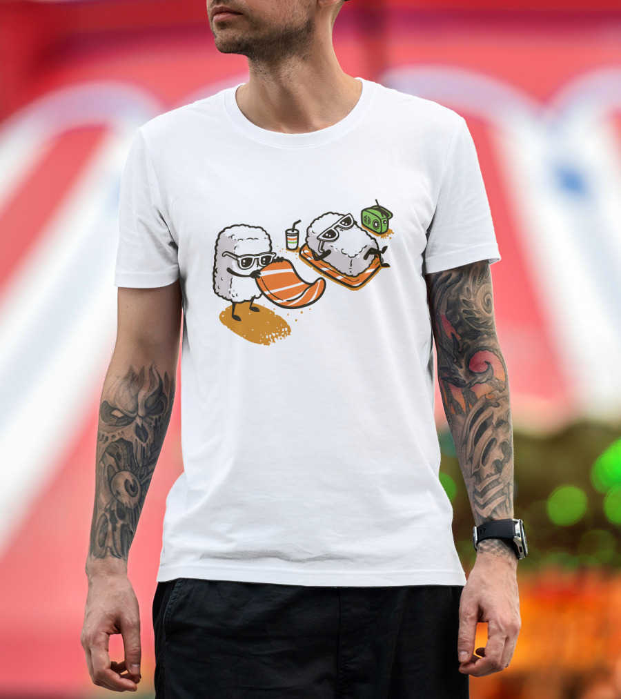 Sushi Chill Vibes: Cute Rice and Salmon Characters Relaxing with Shades and Radio T-Shirt