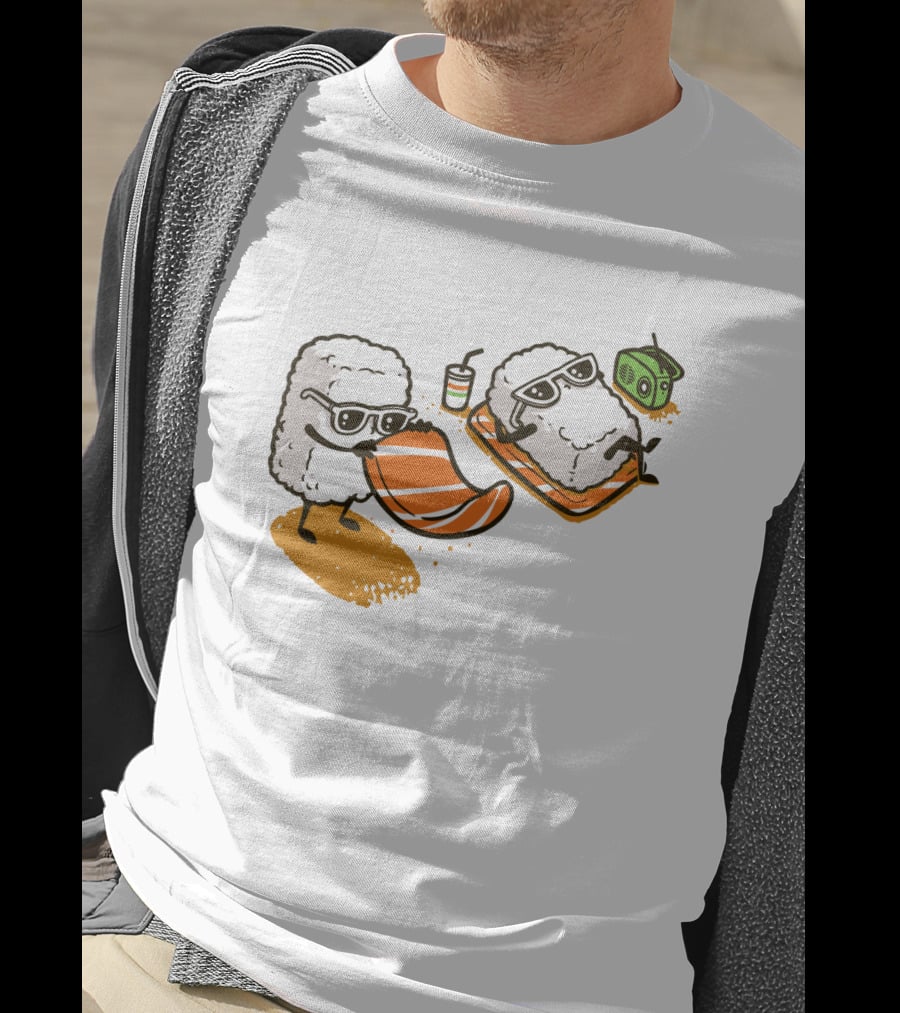 Sushi Chill Vibes: Cute Rice And Salmon Characters Relaxing With Shades And Radio T-Shirt