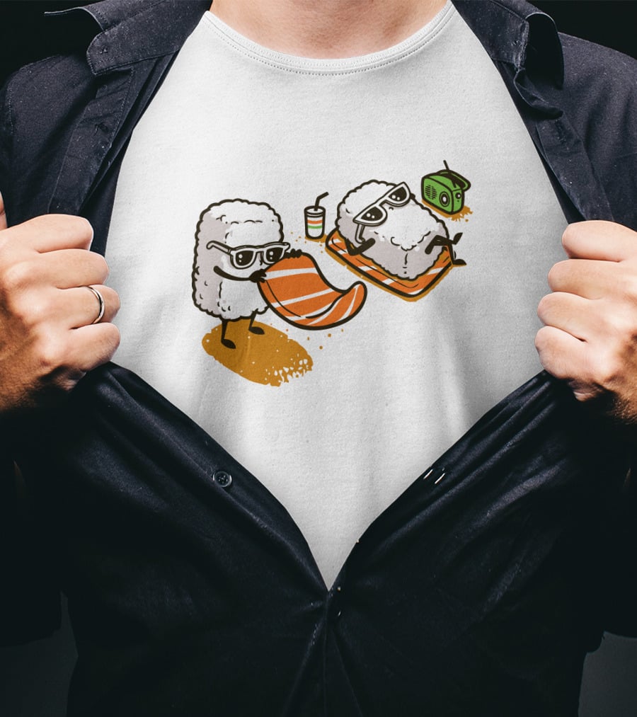 Sushi Chill Vibes: Cute Rice And Salmon Characters Relaxing With Shades And Radio T-Shirt