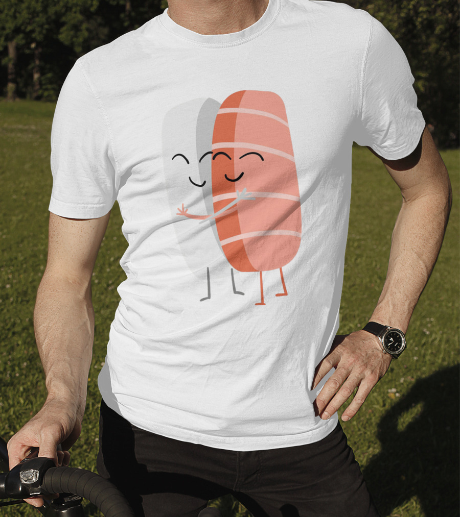 Kawaii Sushi Hugging Salmon Nigiri Cartoon T-Shirt