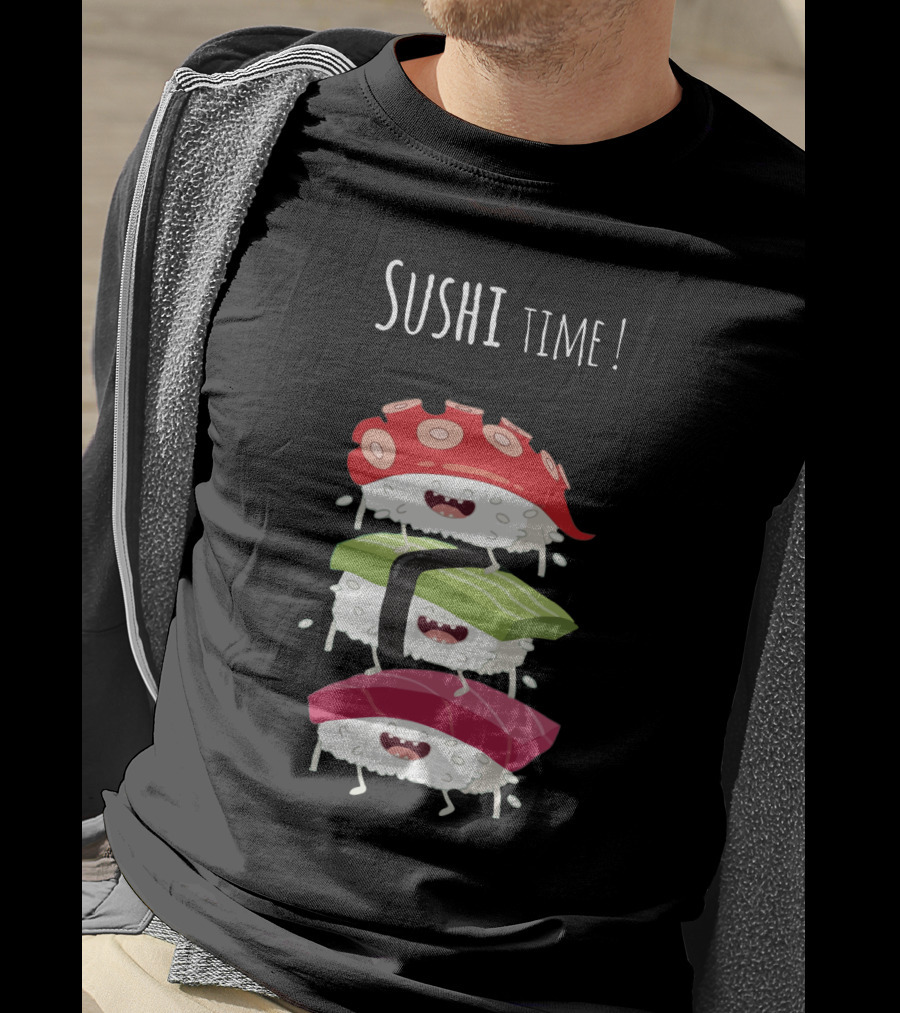 Sushi Time Funny Animated Sushi Stack With Smiling Rice Characters T-Shirt