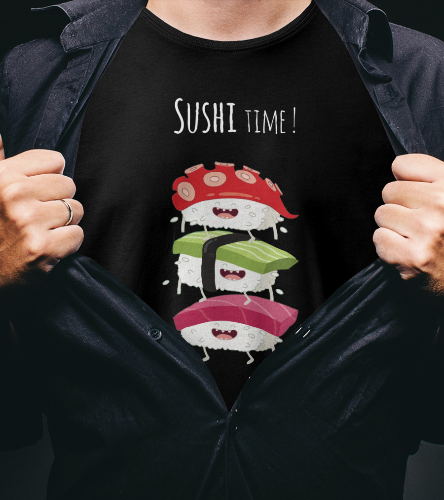 Sushi Time Funny Animated Sushi Stack With Smiling Rice Characters T-Shirt