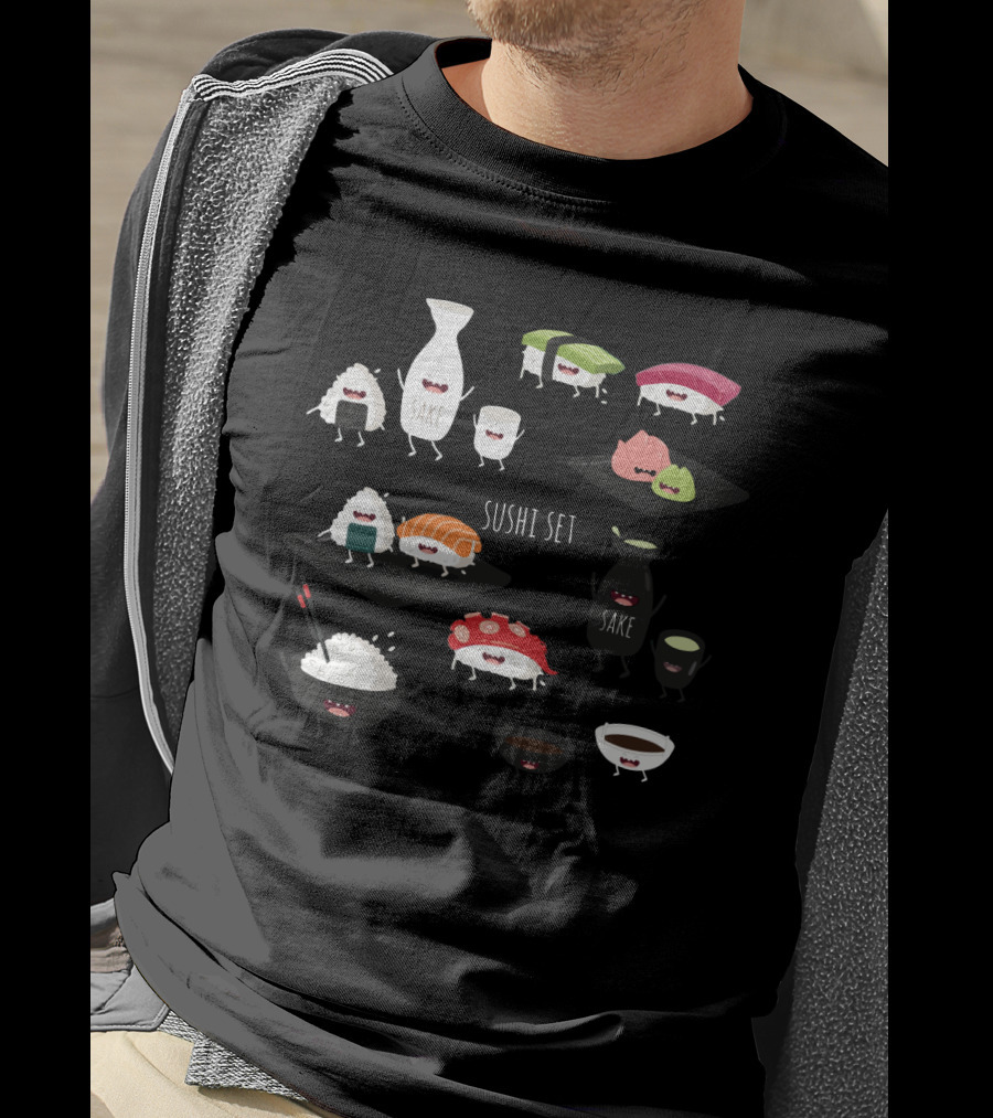 Sushi Set With Happy Sake Characters And Cute Cartoon Sushi Rolls T-Shirt