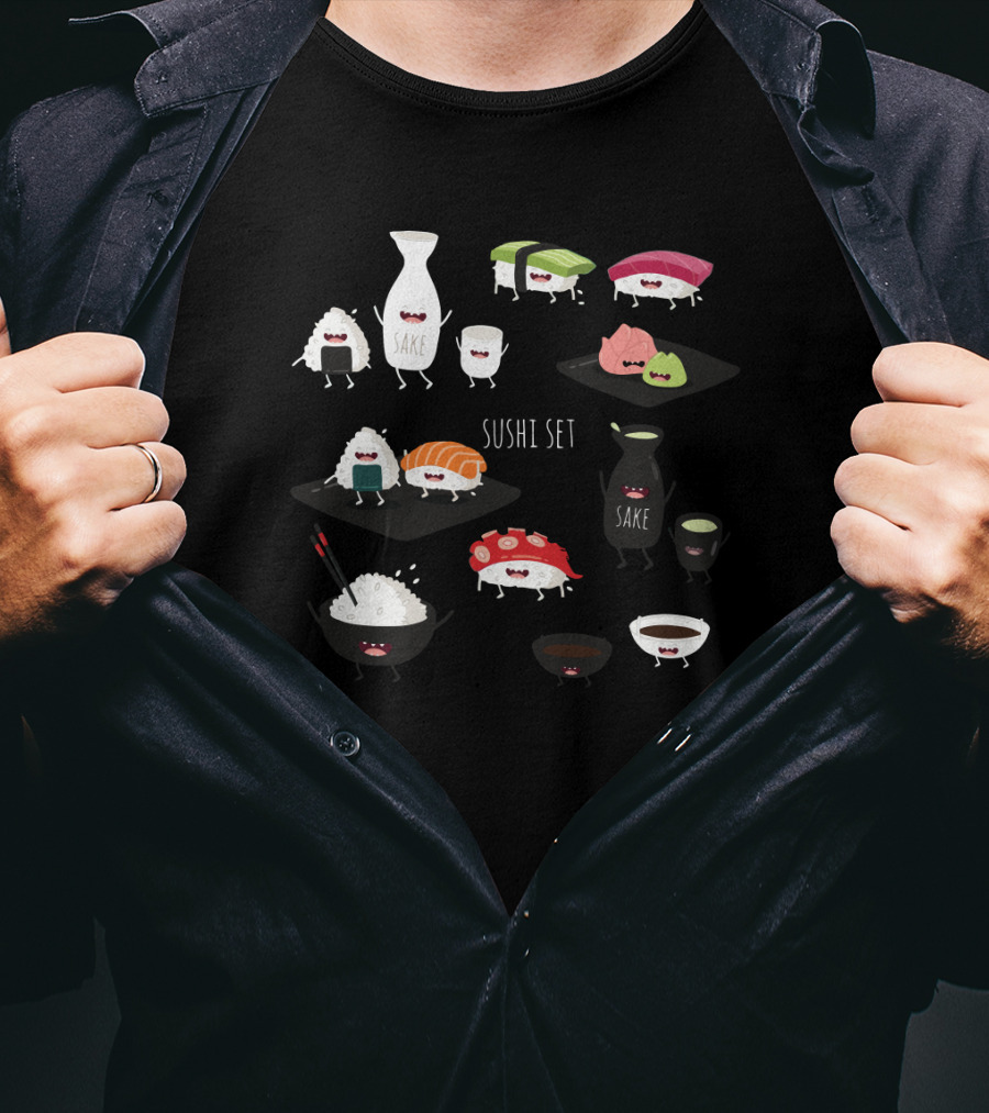 Sushi Set With Happy Sake Characters And Cute Cartoon Sushi Rolls T-Shirt
