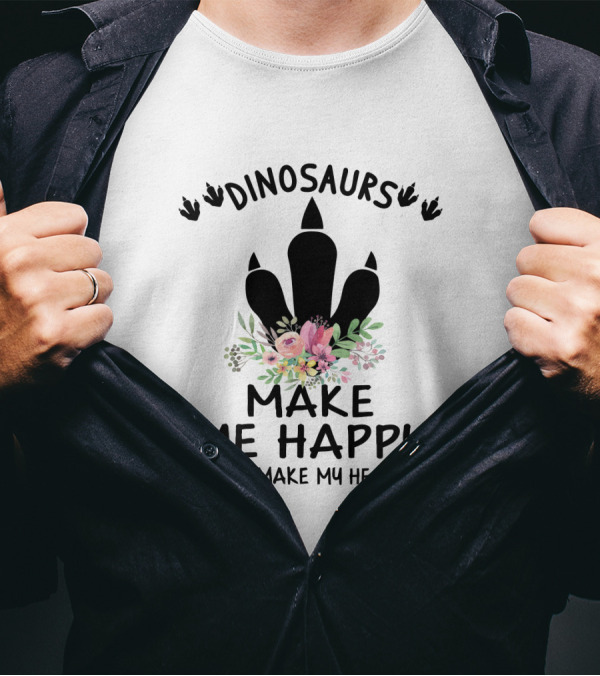 Dinosaurs Make Me Happy Humans Make My Head Hurt Floral Dinosaur Footprint T-Shirt