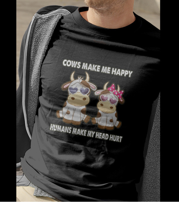 Cows Make Me Happy Humans Make My Head Hurt Heart Sunglasses And Pink Bow T-Shirt