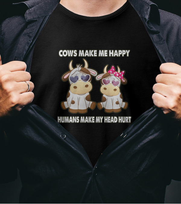 Cows Make Me Happy Humans Make My Head Hurt Heart Sunglasses And Pink Bow T-Shirt
