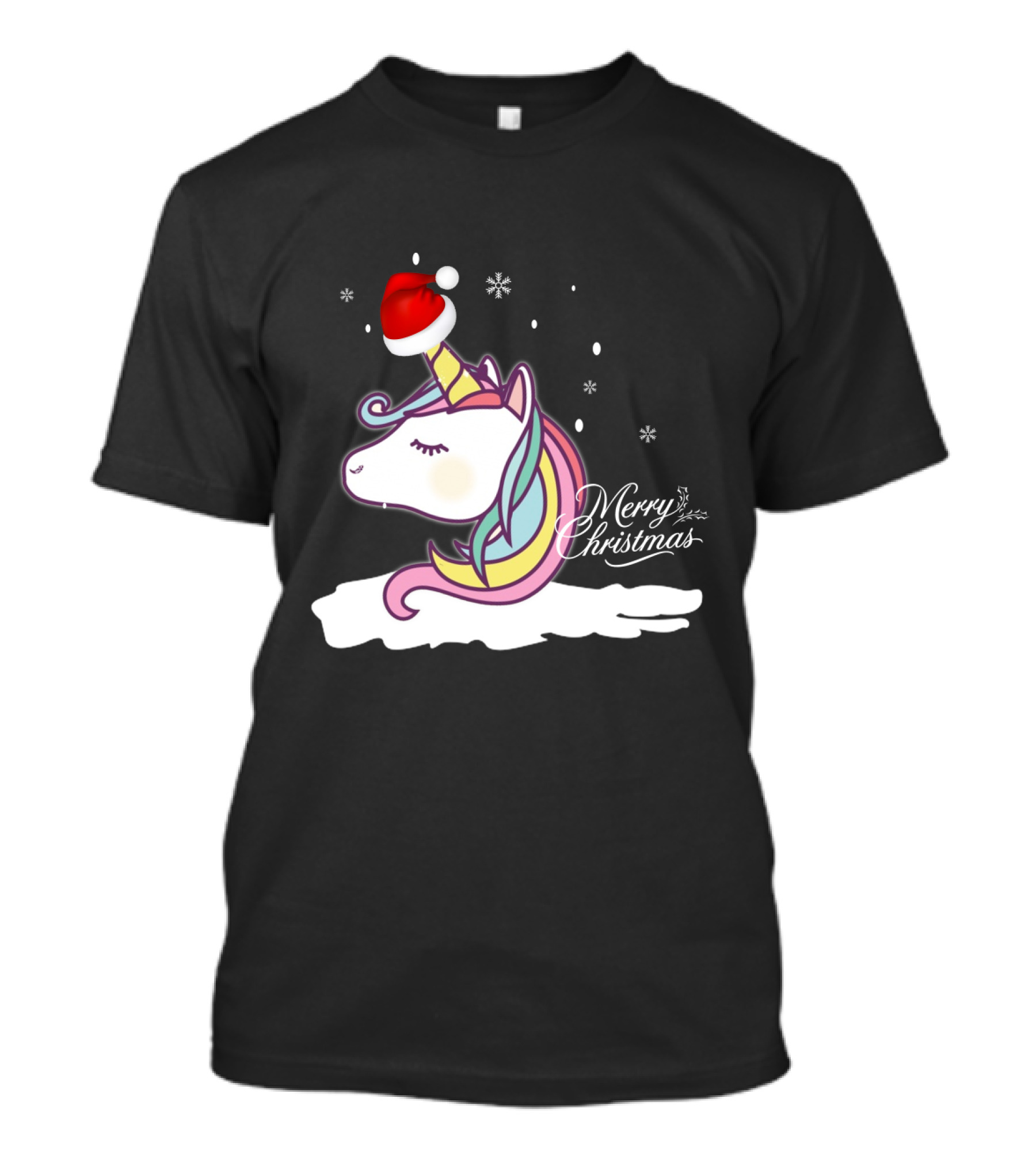 Merry Christmas Unicorn Santa Hat Snowflakes T-Shirt