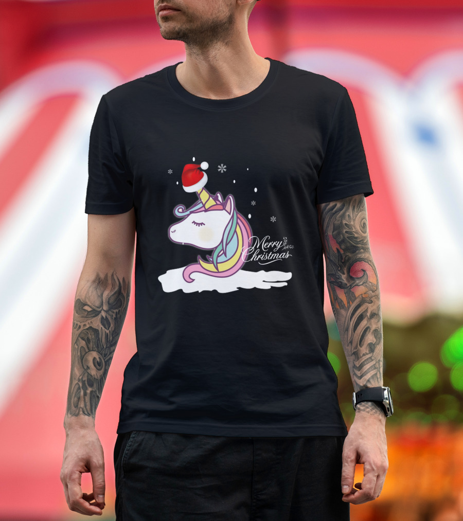 Merry Christmas Unicorn Santa Hat Snowflakes T-Shirt