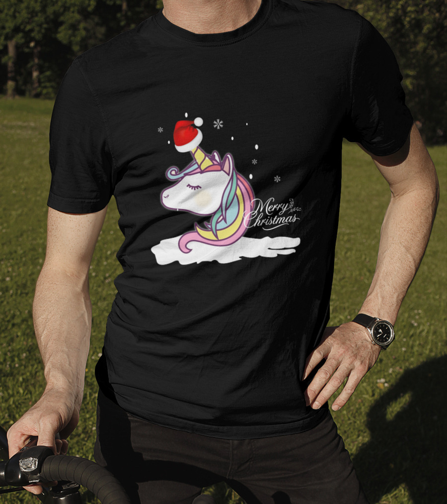 Merry Christmas Unicorn Santa Hat Snowflakes T-Shirt