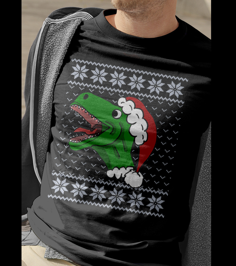T Rex Christmas Ugly Sweater Santa Hat T-Shirt