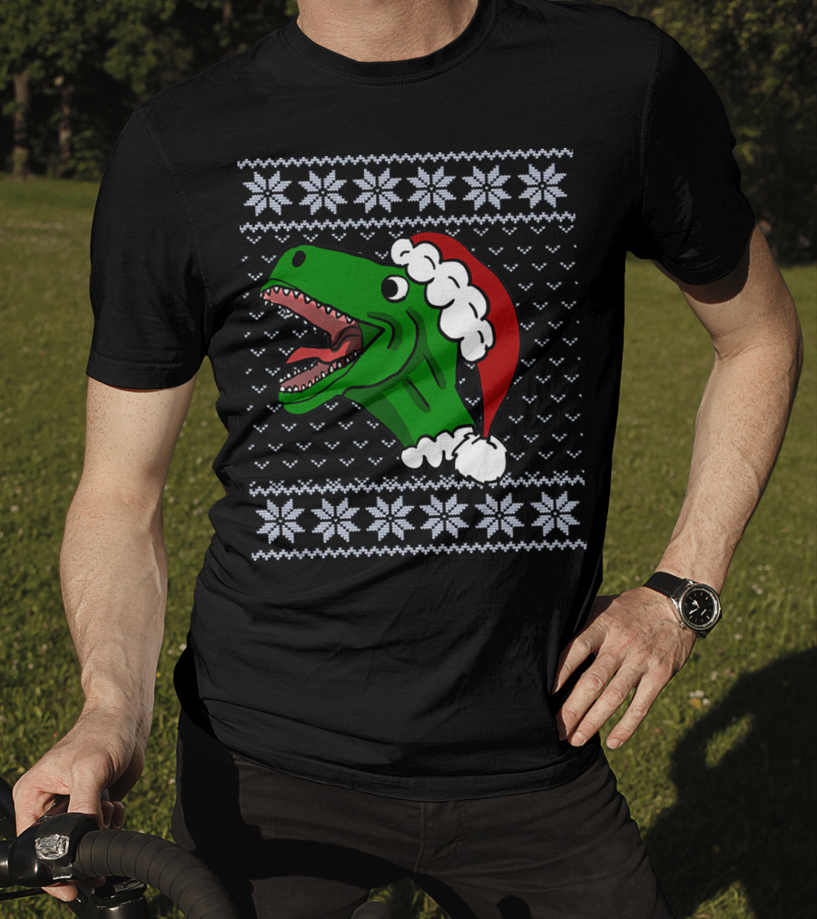 T Rex Christmas Ugly Sweater Santa Hat T-Shirt