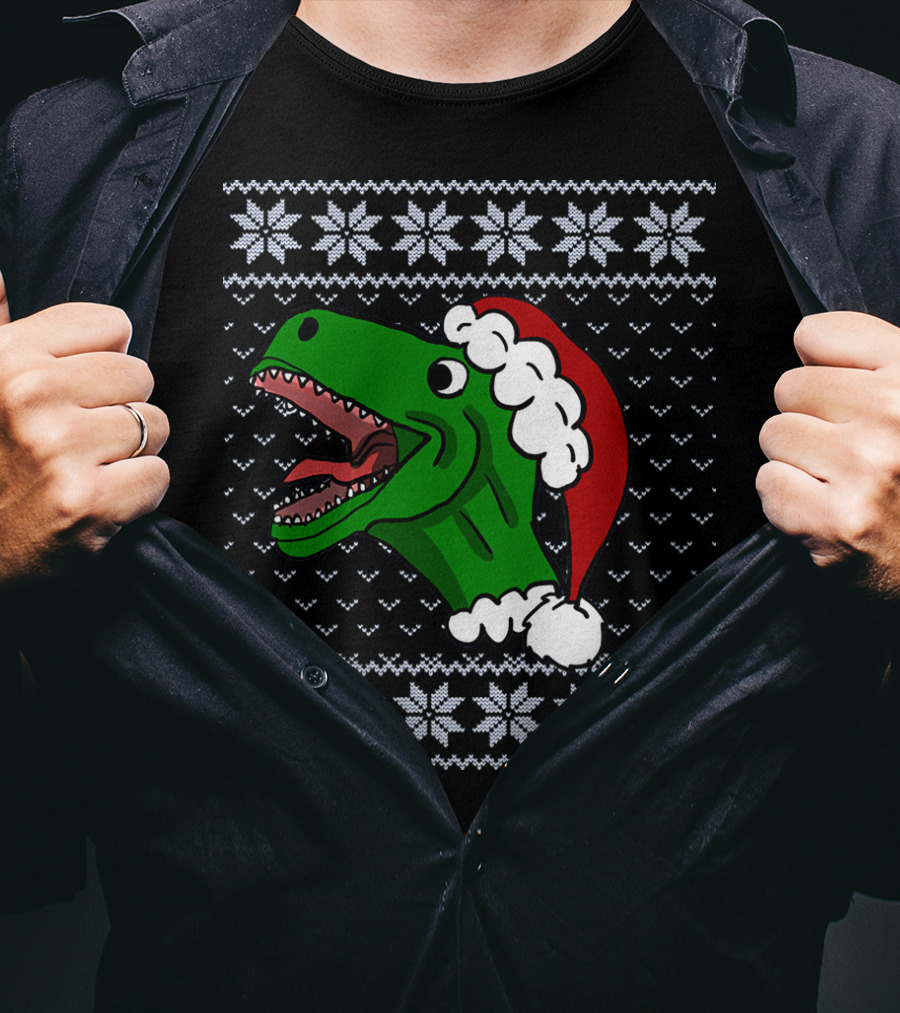 T Rex Christmas Ugly Sweater Santa Hat T-Shirt