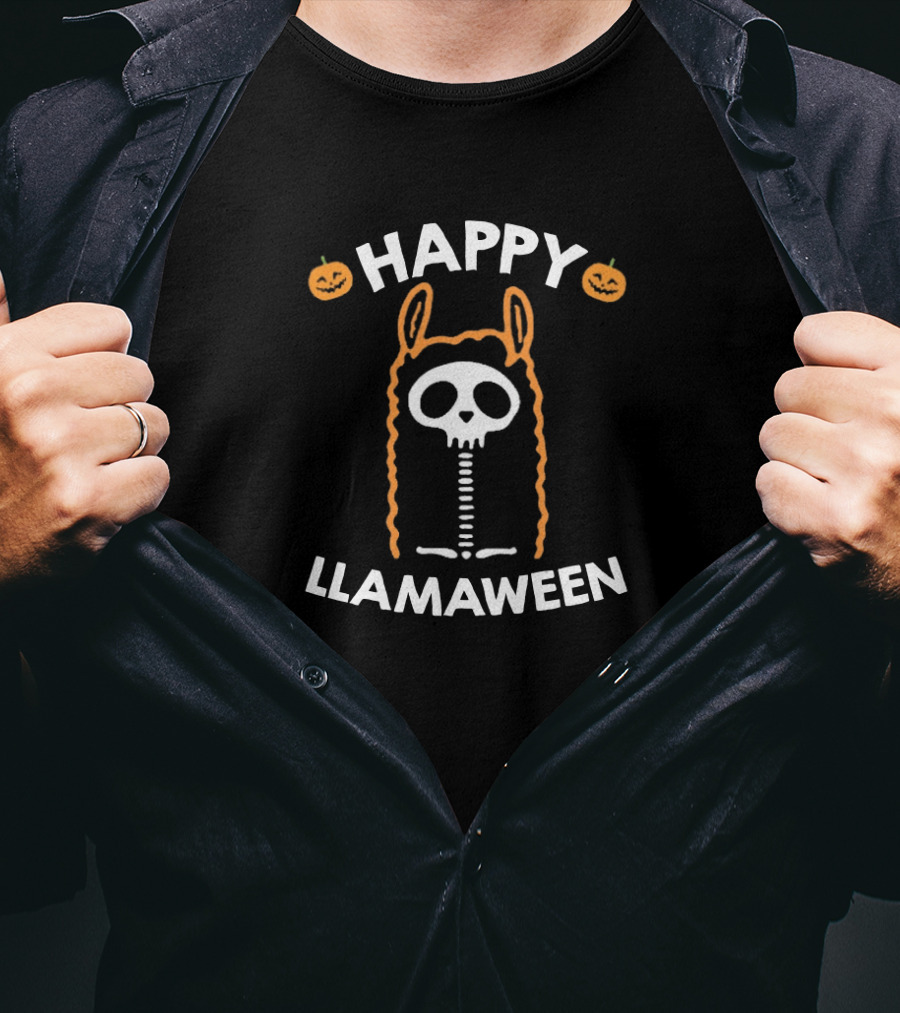 Happy Llamaween Funny Llama Skeleton With Pumpkins T-Shirt