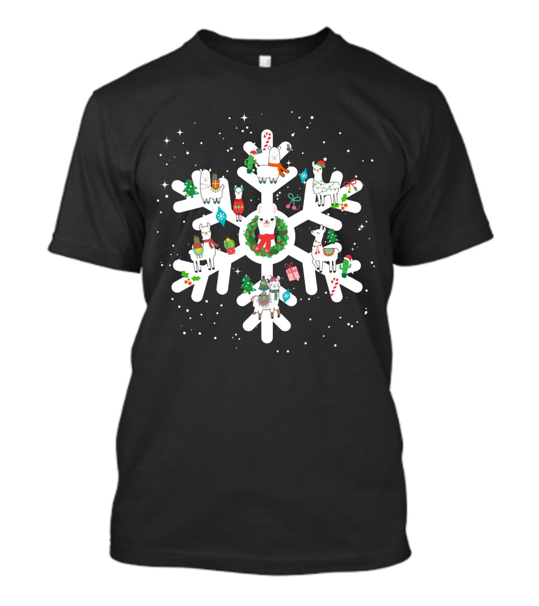 Llamas With Christmas Decorations On Large Snowflake T-Shirt