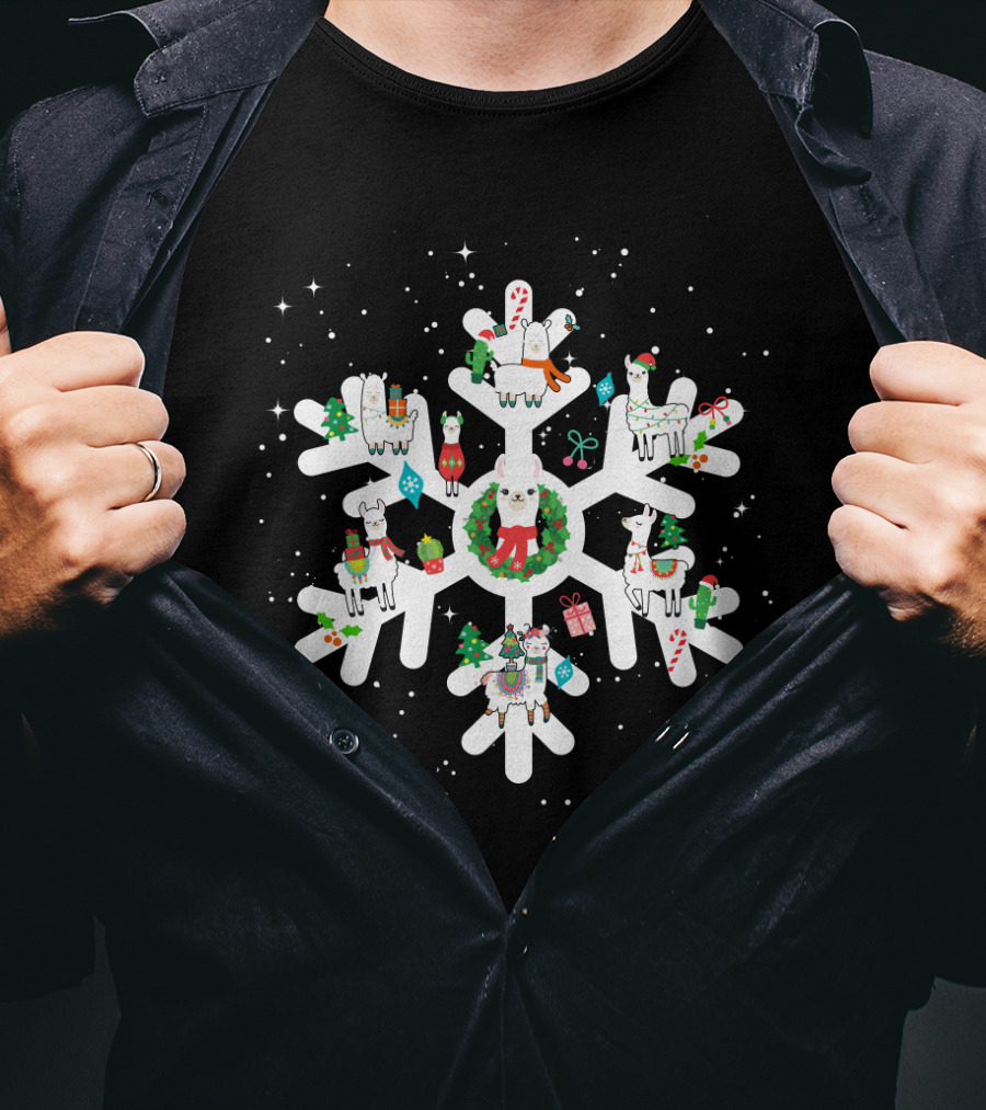 Llamas With Christmas Decorations On Large Snowflake T-Shirt