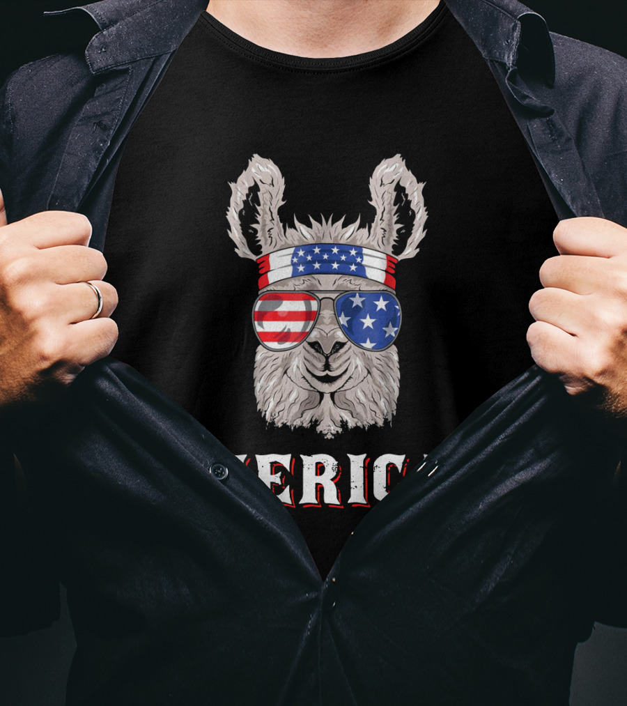 Llamerica Merica American Llama In Stars And Stripes Bandana And Sunglasses T-Shirt
