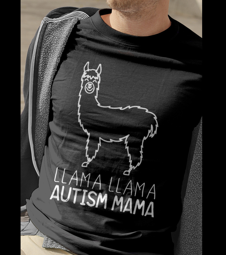 Llama Llama Autism Mama White Outline T-Shirt