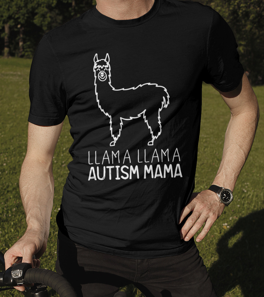 Llama Llama Autism Mama White Outline T-Shirt