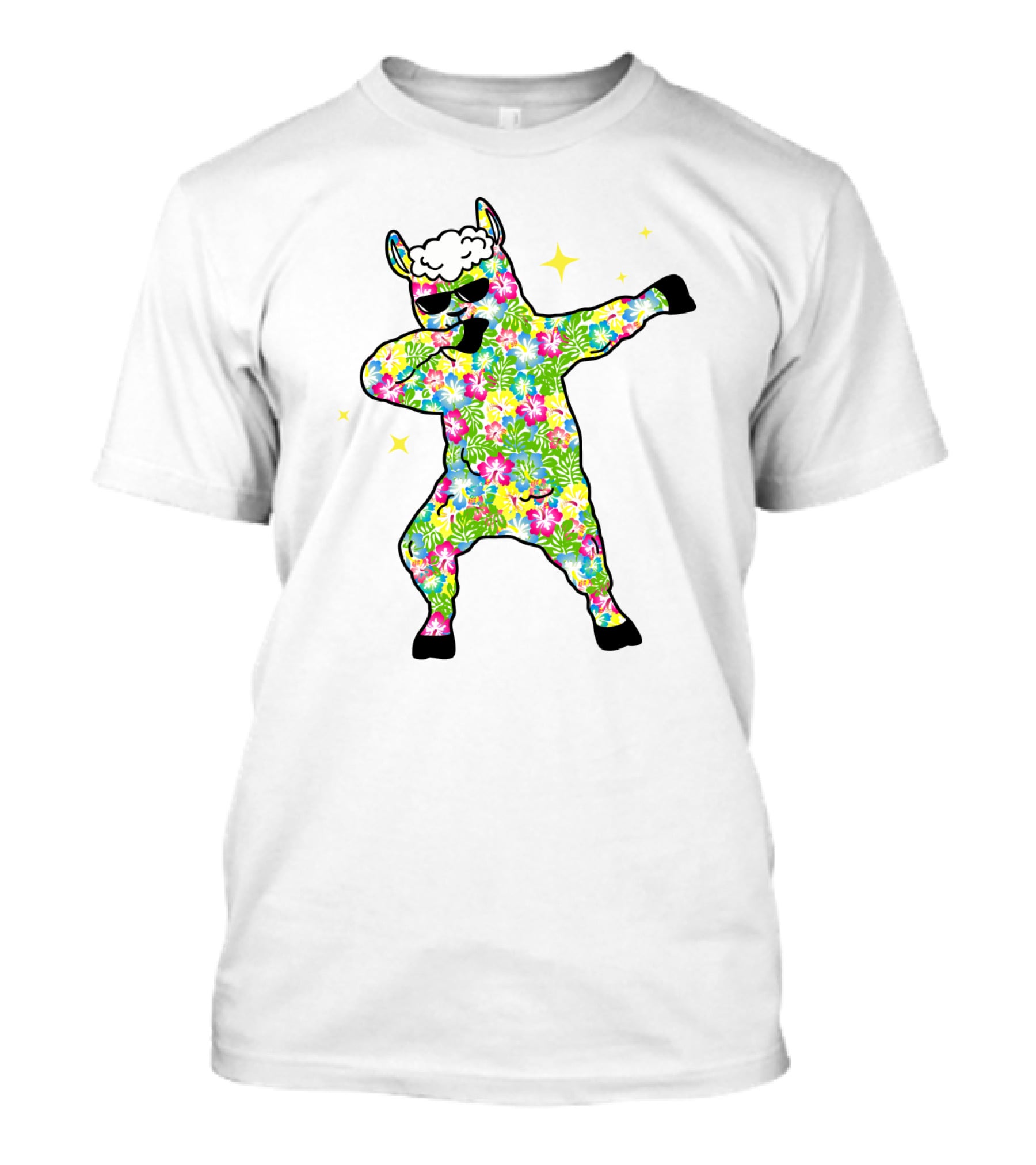 Llama Dabbing Tropical Floral Pattern With Sunglasses And Stars T-Shirt