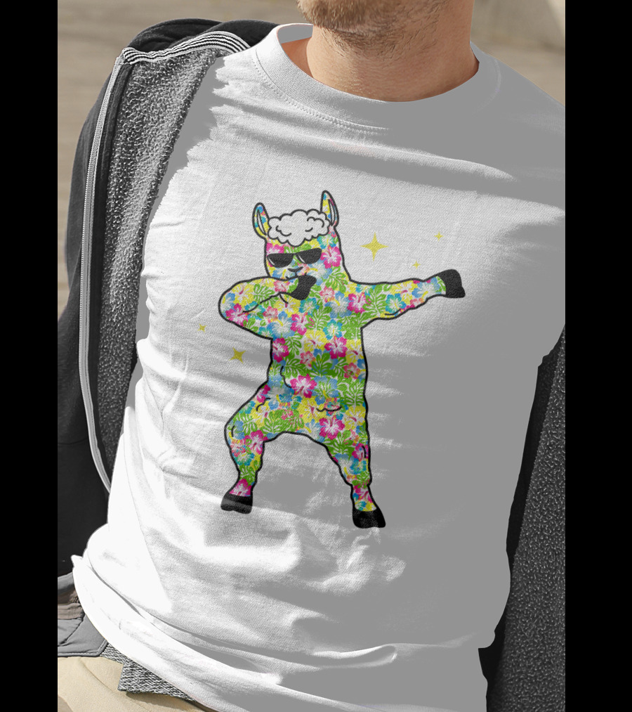 Llama Dabbing Tropical Floral Pattern With Sunglasses And Stars T-Shirt