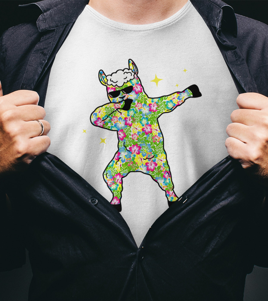 Llama Dabbing Tropical Floral Pattern With Sunglasses And Stars T-Shirt