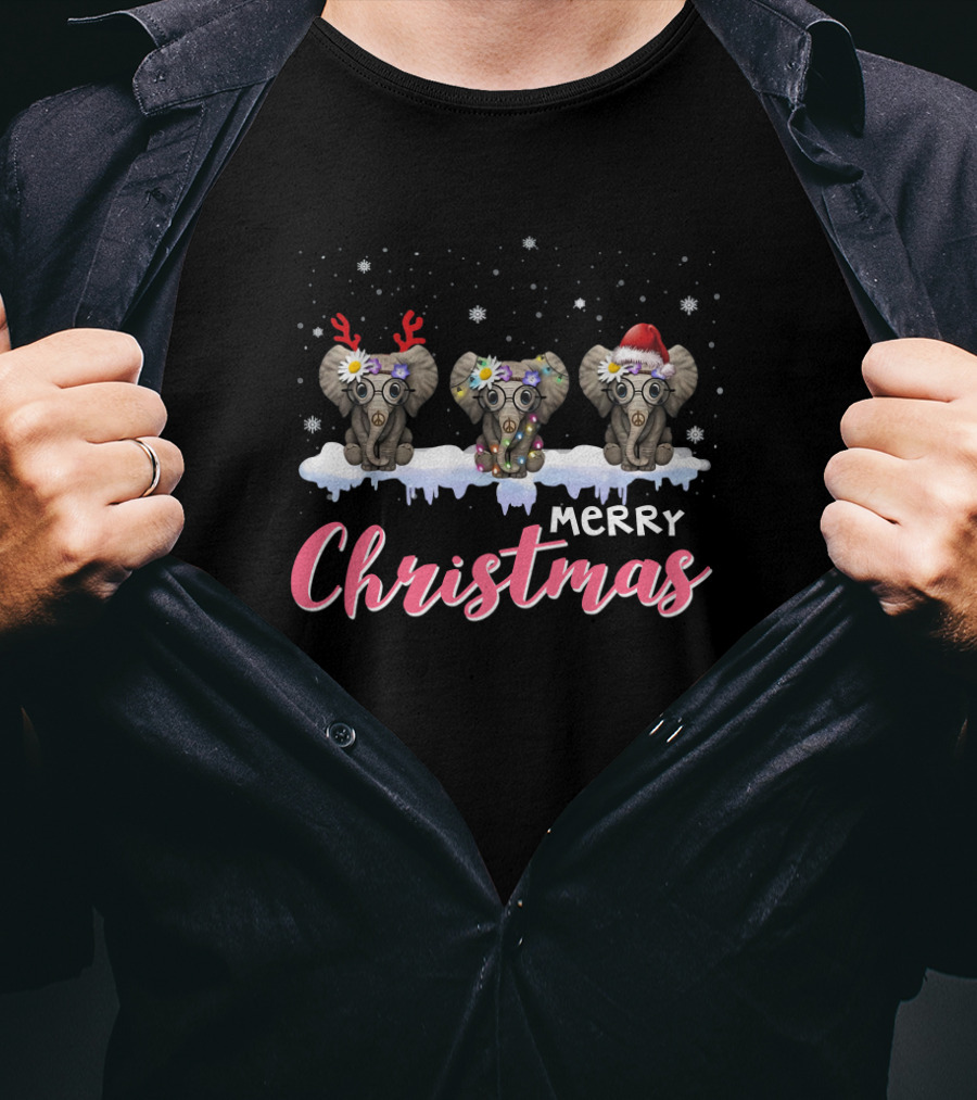 Merry Christmas Elephants In Festive Hats With Snowflakes And Ice T-Shirt