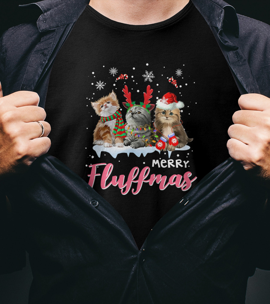Merry Fluffmas Cute Festive Cats With Snowflakes And Candy Canes T-Shirt