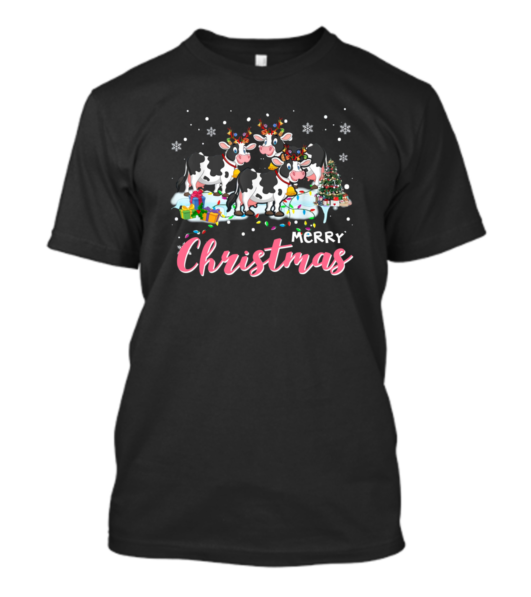 Merry Christmas Cows With Snowflakes, Gifts, And Tree T-Shirt