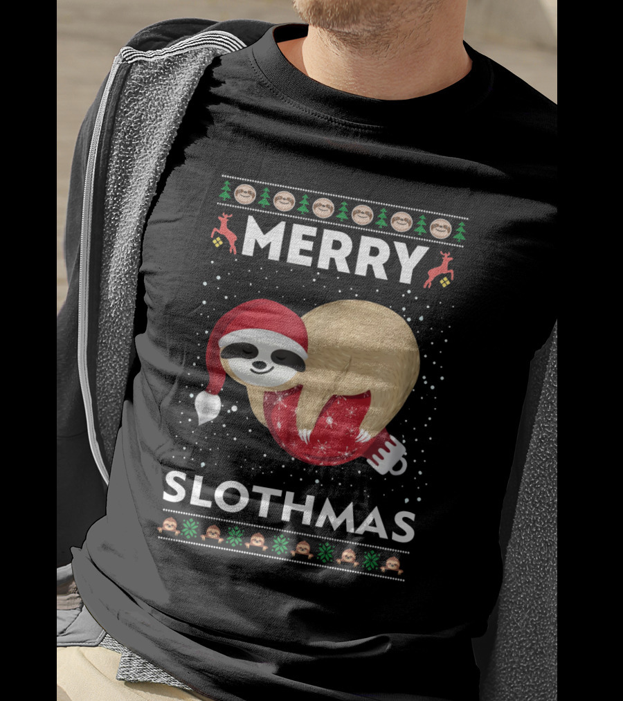 Merry Slothmas Ugly Christmas Sweater Sloth Holiday Festive Santa Hat T-Shirt