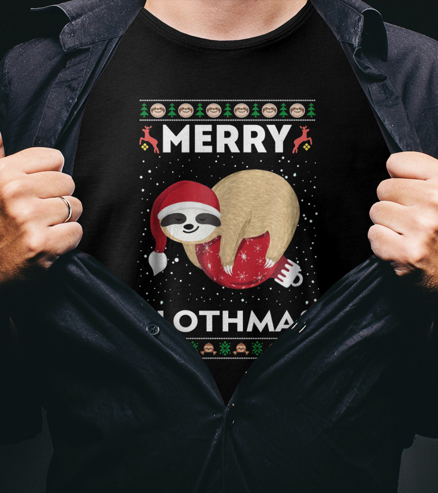 Merry Slothmas Ugly Christmas Sweater Sloth Holiday Festive Santa Hat T-Shirt